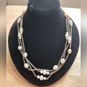 Sterling Silver Genuine Pearl  Wire Wrapped  Three Strand Statement Necklace.